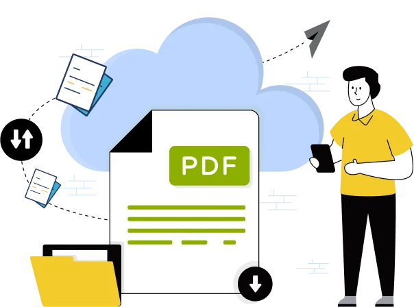 Illustration showing PDF and image conversion icons exchanging between a cloud and a happy user